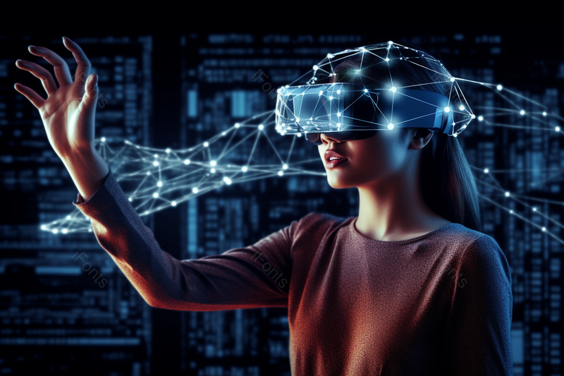 AR互动数字化长发女孩带着VR眼睛一只手向前伸出,高清,摄影图,摄影图片,图片大全,摄影图免费下载